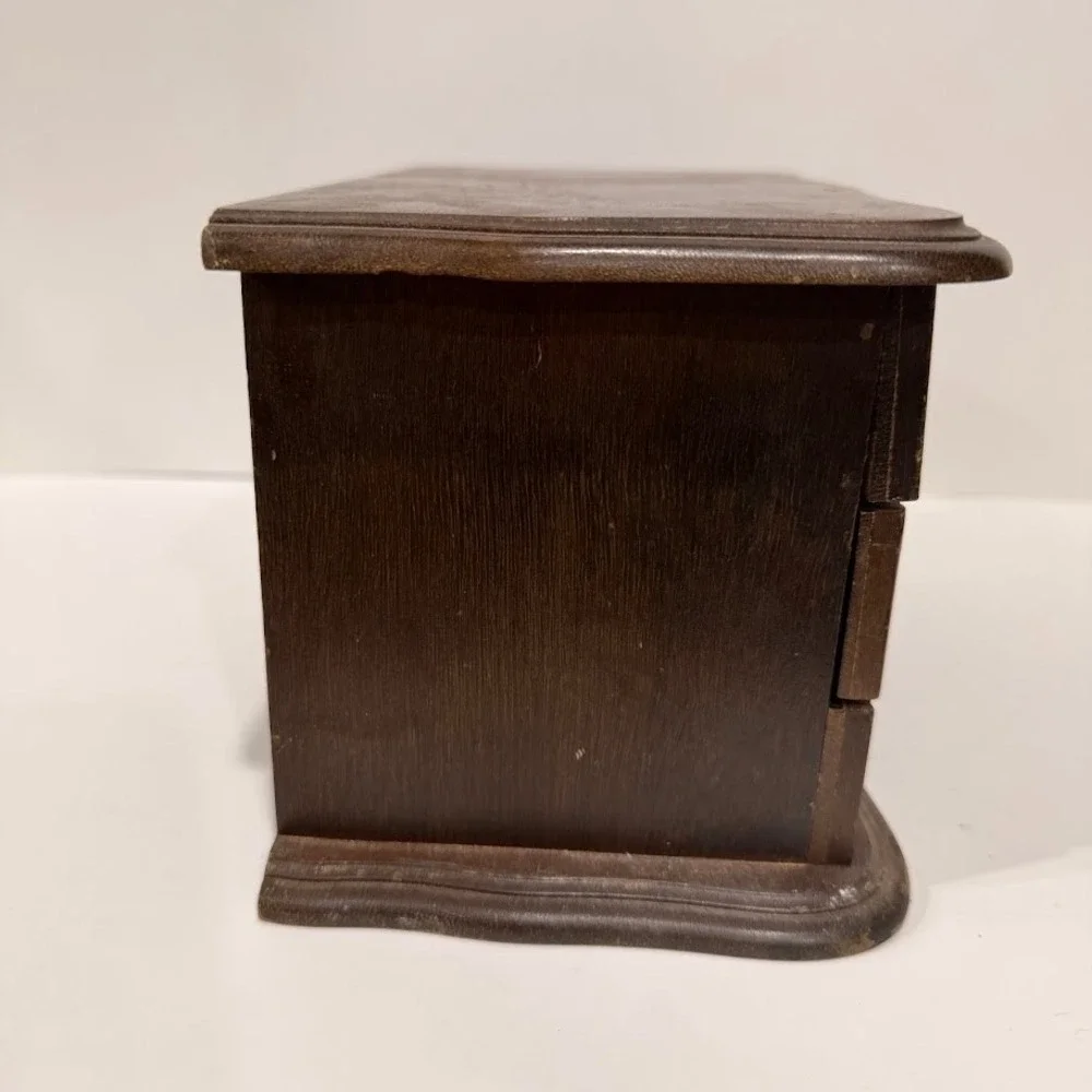 Vintage Wooden Jewelry Box 3 Drawer Chest Dark Brown Ornate Brass Hardware